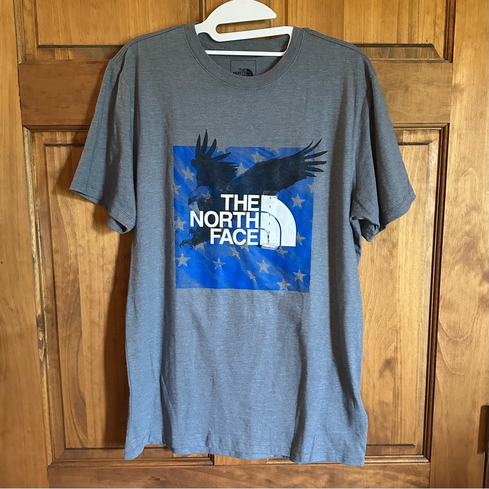 The North Face Gray Short-Sleeve Tee with Blue Eagle Graphic